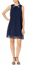 Formal Dress Size 12 Navy SL FASHIONS Chiffon Cutout Crew Neck Pearl Accent NWT