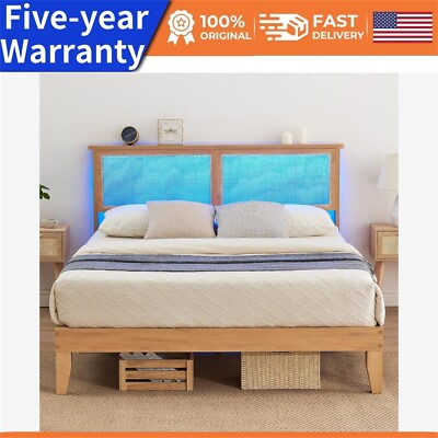  Queen Size Rattan Bed Frame with Wooden Slats Support Headboard and LED Lights