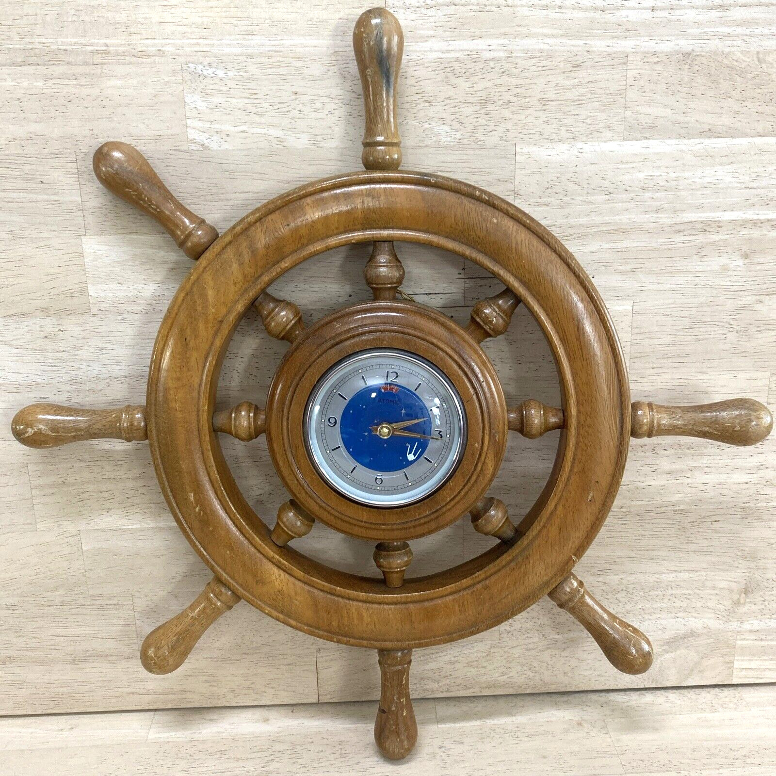 Atomic Wall Clock Wooden Ship Wheel SPACESHIP HANDS GLOW IN DARK - WORKS