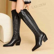 Women Knee High Boots Real Leather 7CM Thick Square High Heels Boots Pull On Sho