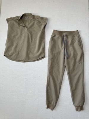 FIGS Scrubs Light Brown Top & Jogger Pants Medical Uniform Set Top