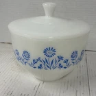 Vintage Federal Glass Blue Daisy Heat Proof Milk Glass Bowl With Lid No Chips