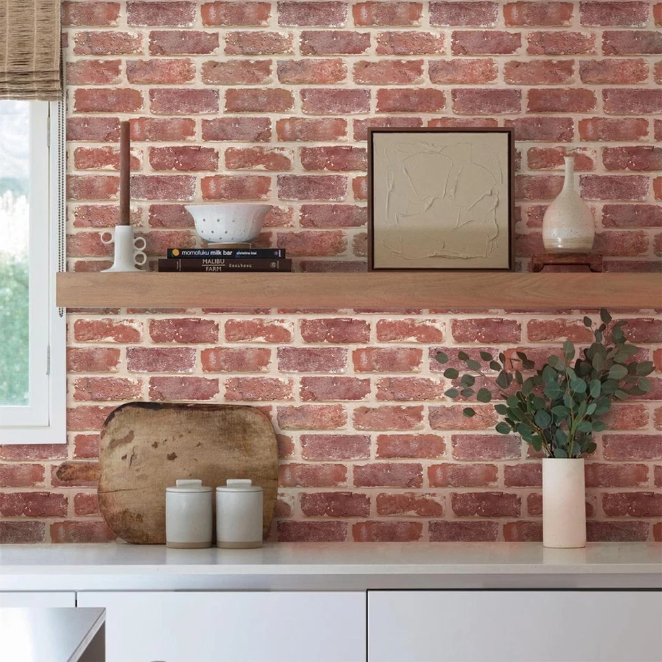 10 Piezas Paneles de Ladrillo Imitación 3D -11.8"X11.8" Tamaño Pequeño Delgado PVC Rojo Ladrillo Pelar a... Foto 3 de 4