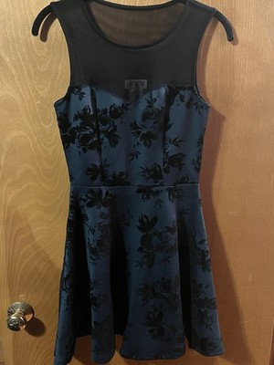 Three Pink Hearts Blue and Black Mesh Sleeveless Dress, Size Small