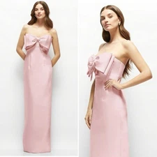 NWT Alfred Sung Strapless Satin Column Oversized Bow Maxi Dress Ballet Pink 16
