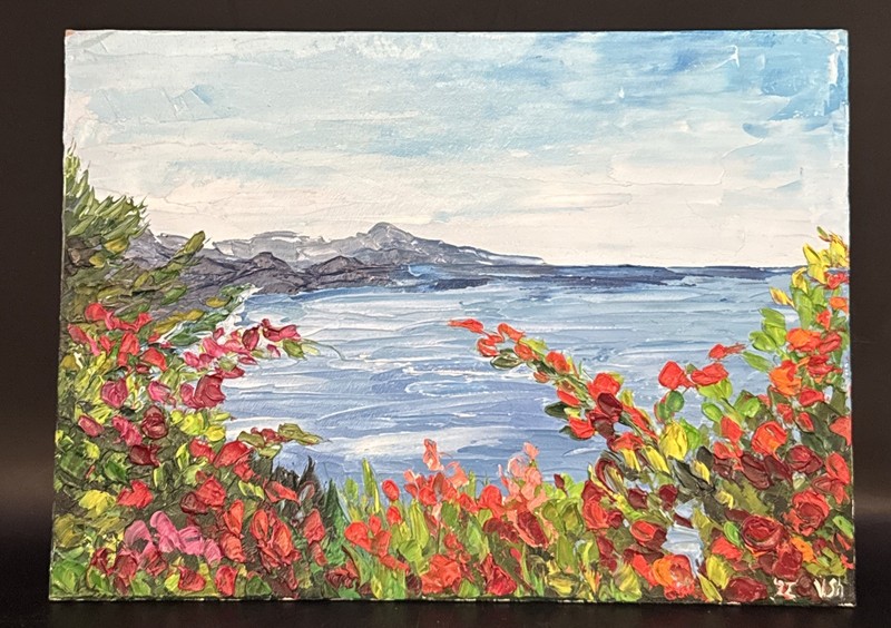 Original Oil Painting On Board Coastal Landscape Floral Signed 7” X 10”