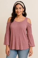 PLEIONE Top M Womens Mauve Pink Stripe Cold Shoulder Keyhole Blouse Long Sleeve