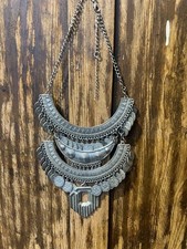 Vintage Kuchi Tribal Layered Coin Bib Necklace Silver Tone Statement Piece