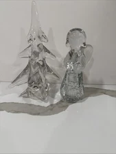 Vtg Crystal Christmas Angel Figurine Lead/Crystal & Christmas Tree Pair