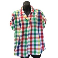 Vintage Russ Togs Rainbow Gingham Check Short Sleeve Button Up Shirt Made in USA