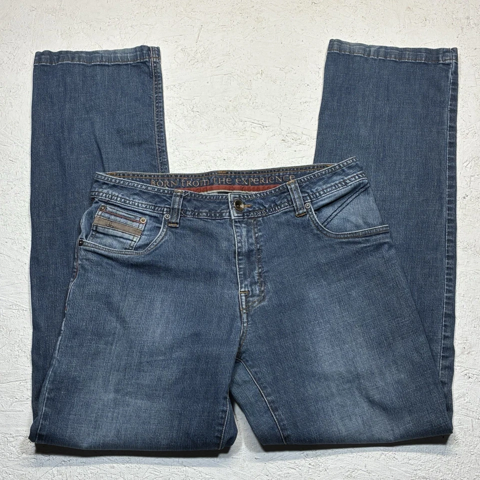 Pantalones de mezclilla elásticos de algodón pierna recta azul 34x34 Prana para hombre lavado oscuro axioma Foto 3 de 4