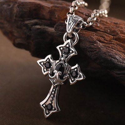 Vintage Gothic 925 Sterling Silver Cross Pendant Black Onyx Biker