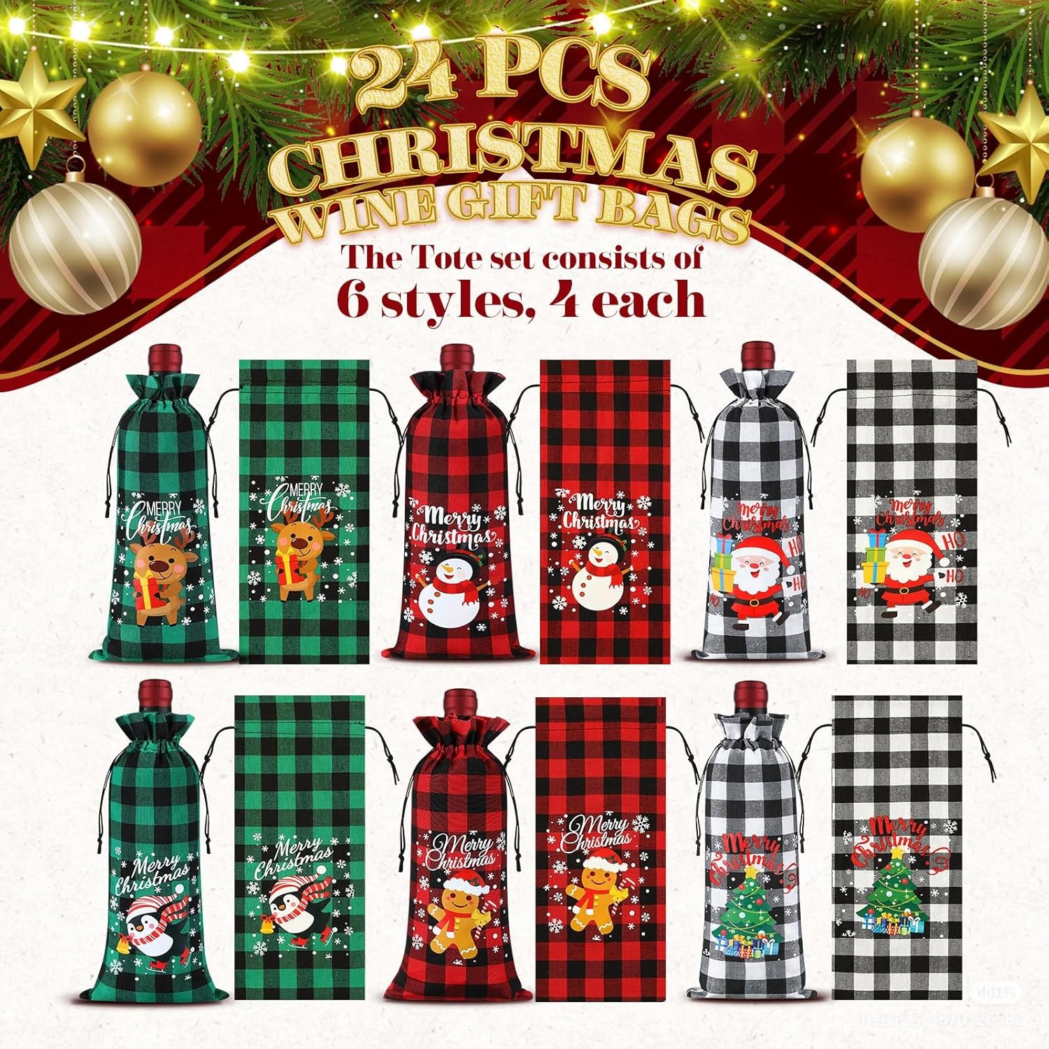 Windyun 24 Pcs Christmas Burlap Wine Gift 1 Count (Pack of 24), Red, Green 