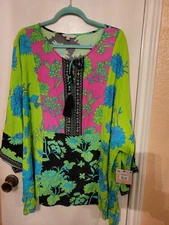 John Mark Women 2X Green/Black/Pink/Blue Floral Embroidered Tunic NWT 3/4 Sleeve