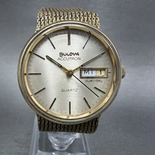 Bulova Accutron Watch Men 33mm Silver Dial Gold Tone Round Daydate New Battery
