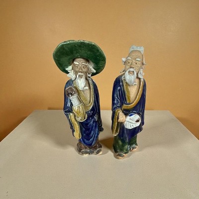 Vintage Chinese Mudmen Figurines   Pair of Wise Elders, Glazed Pottery, Oriental