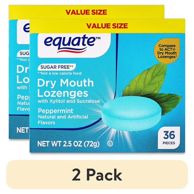 (2 pack) Equate Sugar-Free Dry Mouth Relief Lozenges, Peppermint, 2.5 oz, 36 Cou