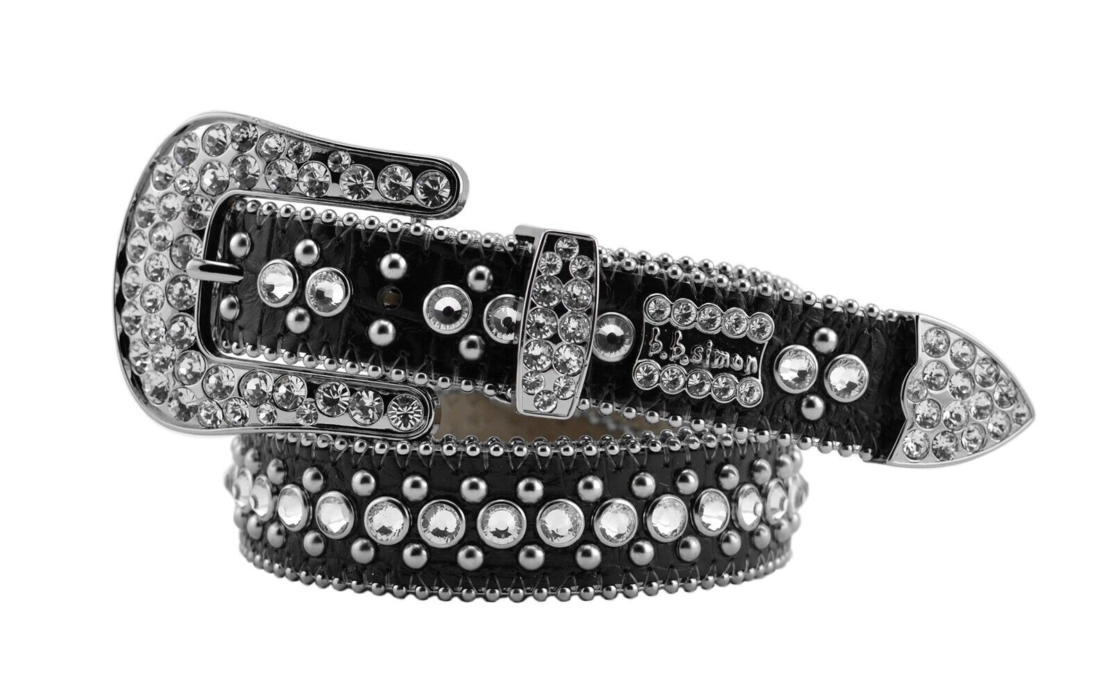 BB Simon Skinny Kish Belt Clear Ice Crystal Black Silver 30 32 34 36 38 40  42