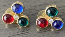 VINTAGE RED, GREEN BLUE CLEAR CRYSTAL CENTER PIERCED Earrings