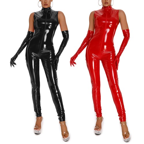 Damen Leder Jumpsuit Wetlook Bodysuit Ärmellose Optik Overall Halloween Kostüm eBay
