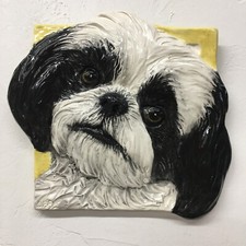 Shih Tzu Ceramic dog tile wall hang handmade sculpture by Sondra Alexander Art