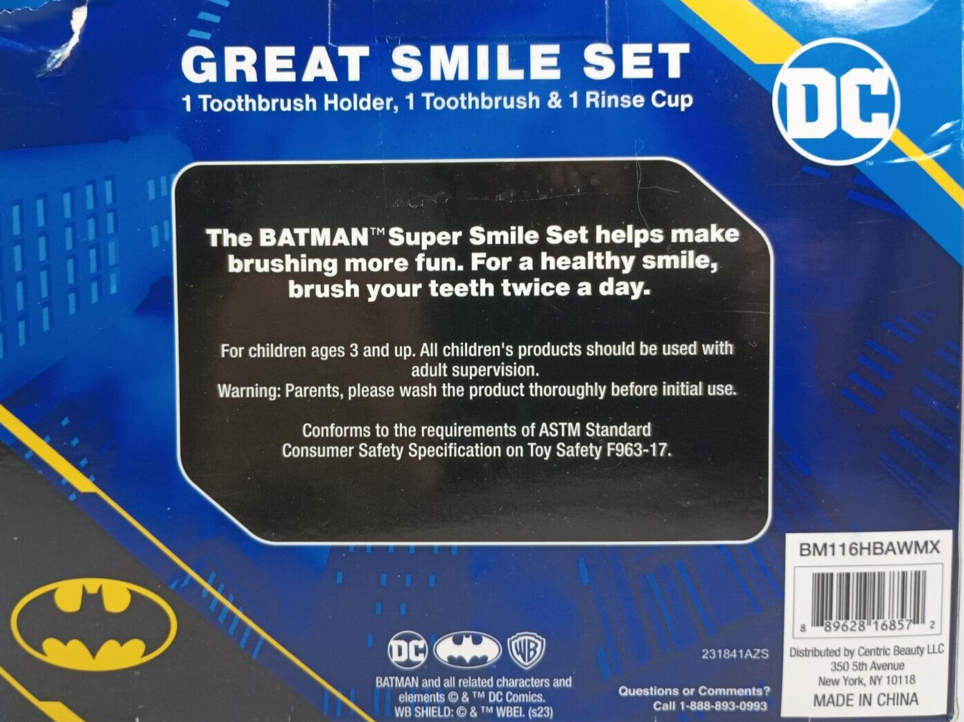 DC Batman Great Smile 3 Piece Set Toothbrush Rinse Cup & Holder. NEW Unopened.