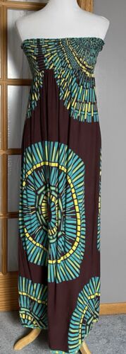 Double Zero Strapless Maxi Dress Sz M Brown Blue Abstract Smocked Made In USA