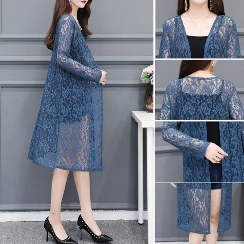 Women Lace Kimono Cardigan Sheer Floral Midi Shawl Jacket Open Front Robe - Picture 6 of 21
