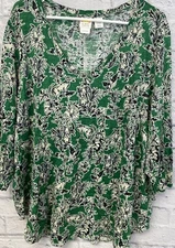 C&C California Top Womens sz 3X LINEN Floral leopard 3/4 Sleeve animal vneck tee