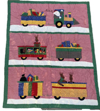Vtg Holiday Santa Claus Quilt Christmas Reindeer Train Pink 50''x 60'' Gifts