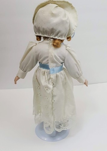 Three Hands Corp Porcelain Doll Blonde Curls White Dress Bonnet Blue Eyes Ribbon - Picture 6 of 12