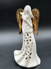 Vintage Ceramic Light Up Angel Holding A Heart Hand Painted Gold Accents 9” 