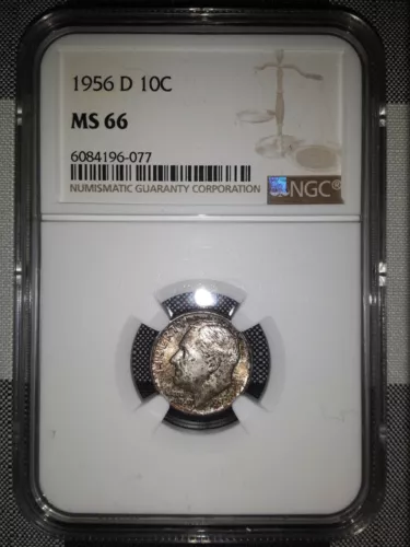1956 D Roosevelt Dime MS66 NGC Graded Silver US Coin Great Toning (2)
