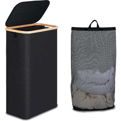 Schmale Wäschebox mit Deckel, 75 L, Schwarz, Bambusgriffe, Waschbarer Innensack