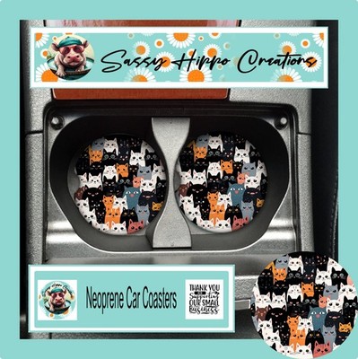Car Coasters Cats Galore Crowd Kittens Cat Lady Life Set of 2 Neoprene Absorbent