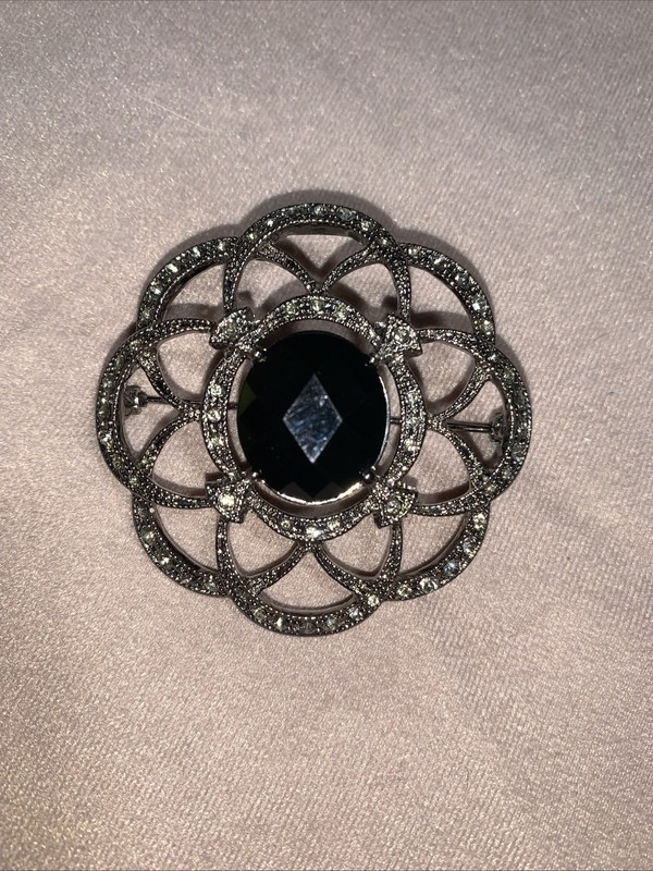 Vintage Monet Brooch Openwork Round Rhinestone Faceted Black Center  2” #544