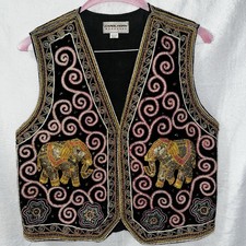 VTG M Carol Horn Workshop Vest Puffy Embroidered Velvet Metallic Elephant Beaded