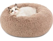 New Bedsure Cat Bed 20" Donut Cuddler Comfy Pet Shag Fur Tan XS Small Dog 15 Lbs