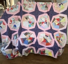 Handmade Patchwork Crazy Quilt 106  x 88  Navy Blue Pink Colorful Whimsy Clean