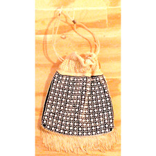 Vintage 50s Navy White Fringed Beaded Evening Bag Drawstring Polycord Handles
