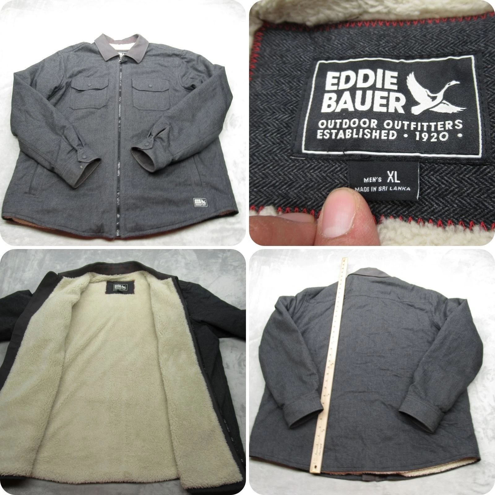 Eddie Bauer Shirt Jacket Mens XL Gray Super Soft Sherpa Lined Insulated Full Zip