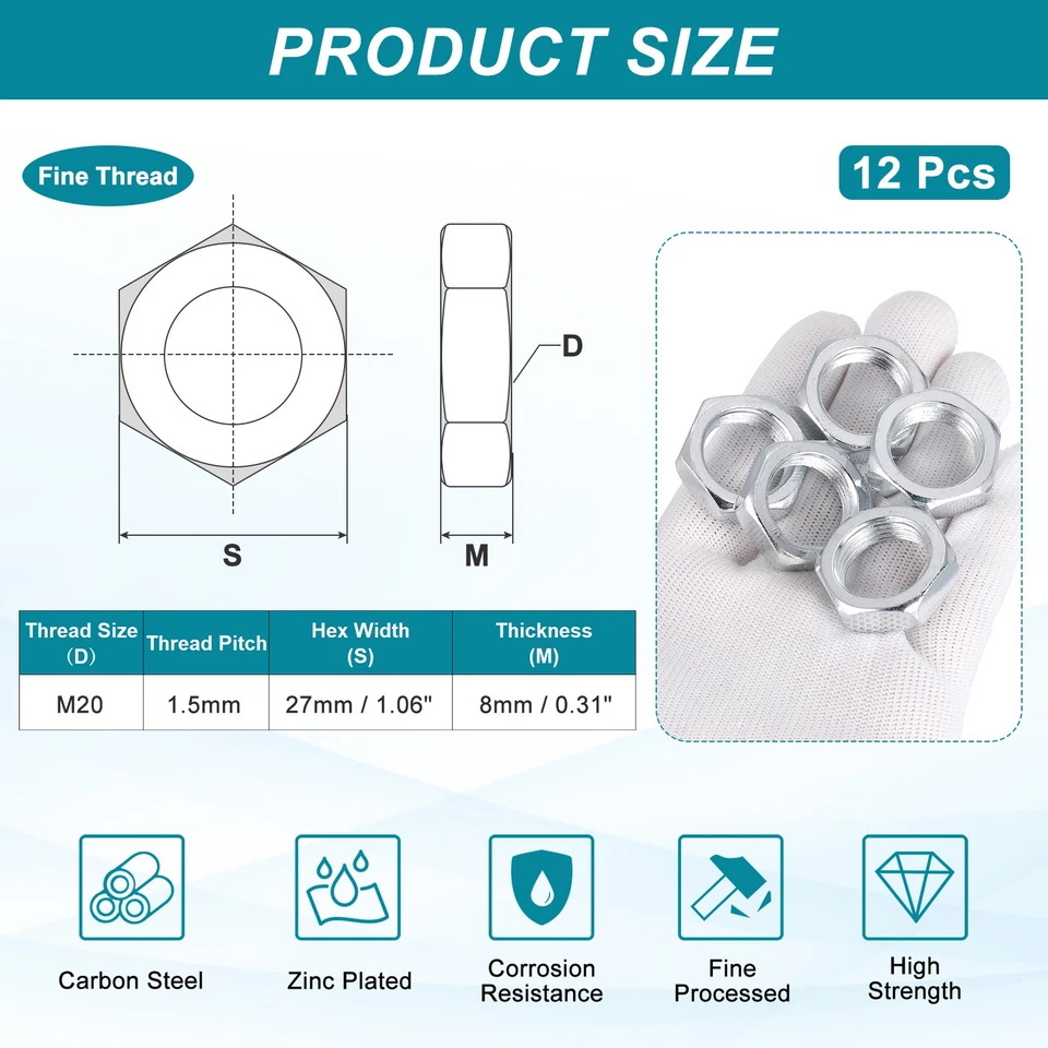 M20x1.5x8mm Sechskantmuttern 12Stk 27mm Befestigungselemente - Bild 2 von 4
