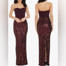 NEW Dress The Population Vada Mixed Media Strapless Gown Port Burgundy Red Sz S