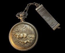 Westclox Working Windup Deer Moose Hunter Dogs Pocket Watch W/Chain Floral Back