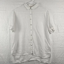 Cynthia Rowley Womens 100% Linen White Button Up Short Sleeve Collared Top M