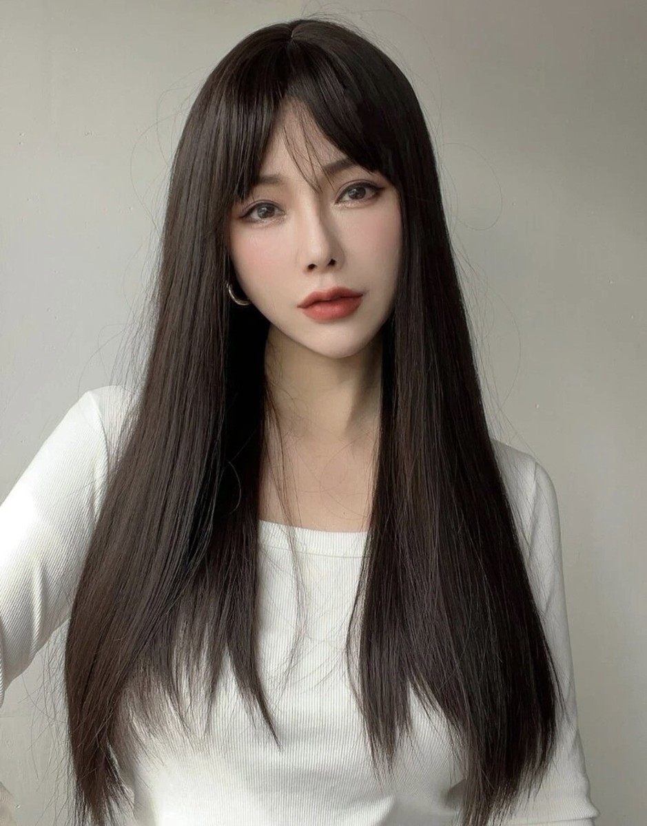 Perruque Synthétique Longue Noire Lisse Avec Frange - Bonnet Moyen + 4 Bonnets Offerts, Neuf Sans étiquettes