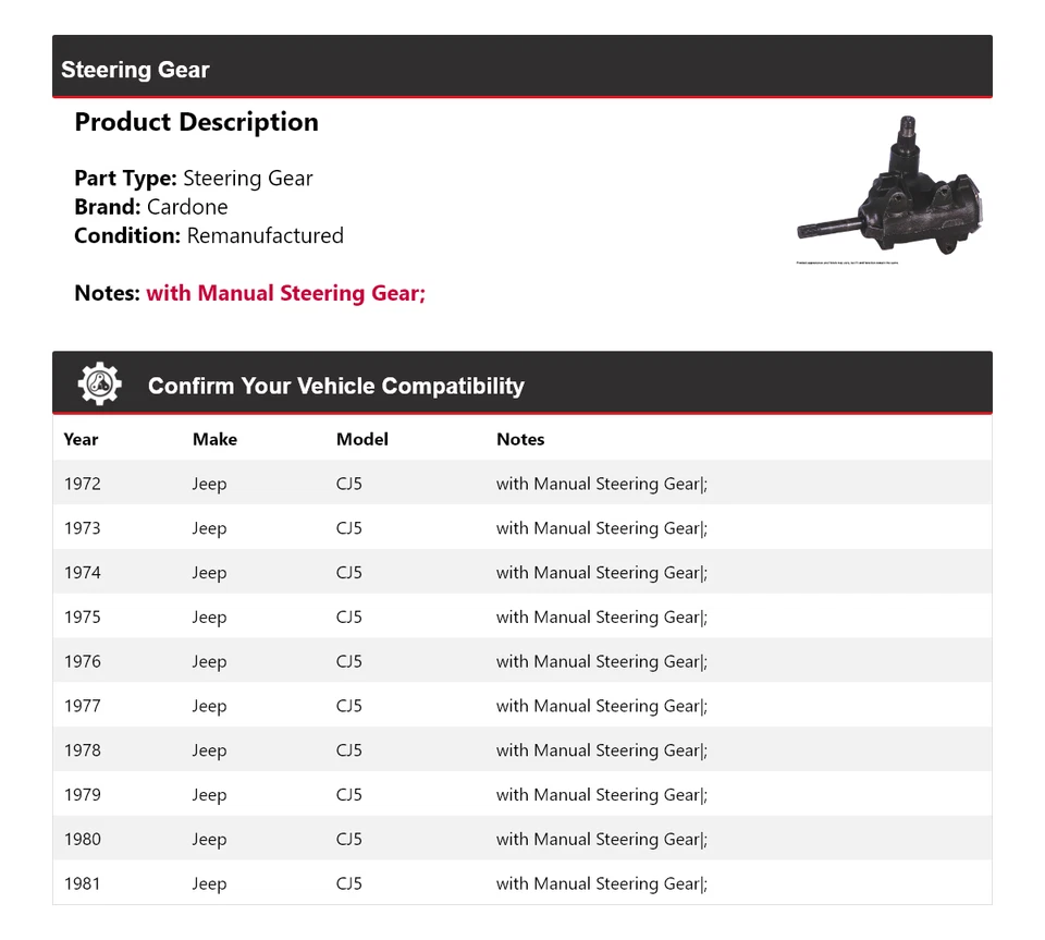 Para Jeep CJ5 1972-1981 engranaje de dirección Cardone 1973 1974 1975 1976 1977 1978 1979 Foto 2 de 4