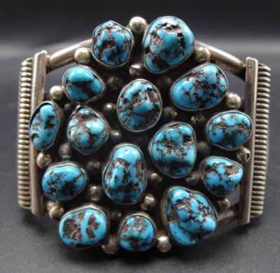 Heavy OLD VINTAGE Sterling Silver Blue Diamond TURQUOISE Cluster Cuff ...