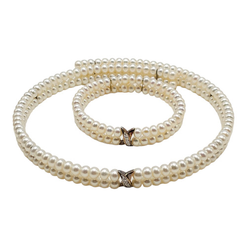 925 Sterling Silver Pearl Diamond Moissanite Choker Necklace Bracelet Set VTG