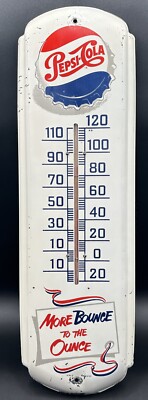 Pepsi Cola Metal Wall Thermometer Sign Bottle Cap More Bounce Ounce M165 USA